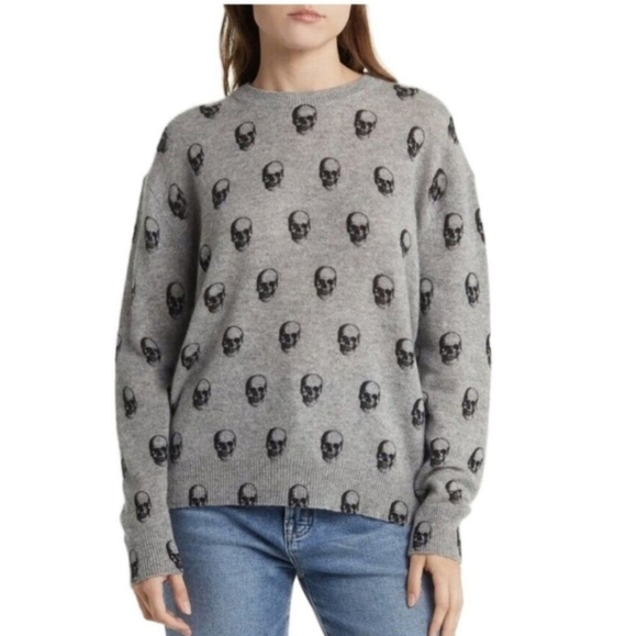 Skull Cashmere Taliah print 100% Cashmere Crewneck Grey Sweater Size XS - Picture 2 of 8